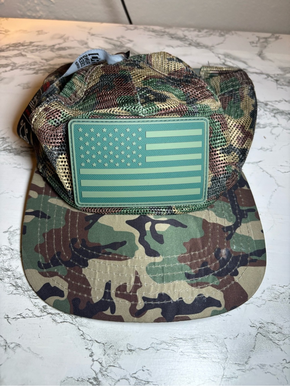 Camo American Flag Mesh Trucker Hat - Green/Brown